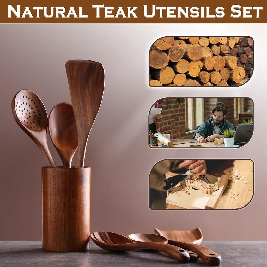6-Piece Teak Wood Cooking Utensil Set, Wooden Spoons for Cooking