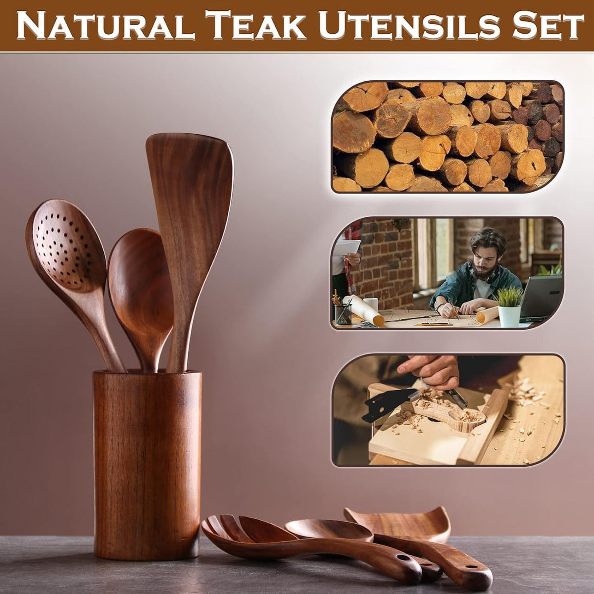6-Piece Teak Wood Cooking Utensil Set, Wooden Spoons for Cooking
