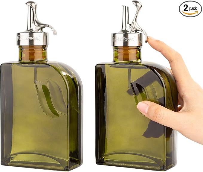 Olive Green 12oz Glass Olive Oil Bottle Dispenser - 350ml Oil and Vinegar - Oil by Lu-LuPour