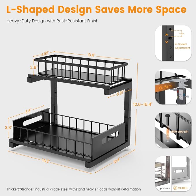 Under Sink Organizer, Heavy Duty Metal Pull Out Cabinet Organizer Slide Out - Image 6