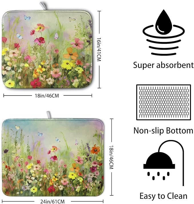 Spring Floral Dish Drying Mat for Kitchen Counter 16x18 Inch Sage Green Wild - Image 2