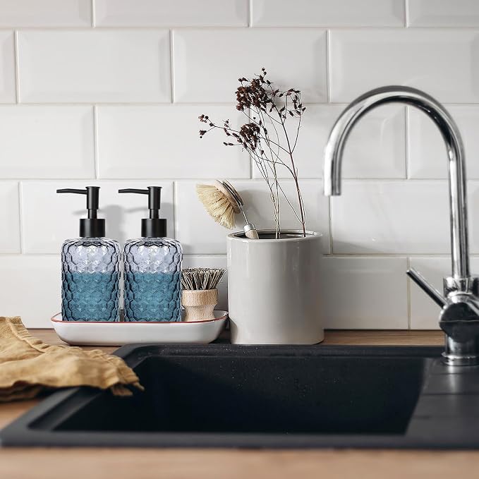 Clear Charcoal Blue Glass Soap Dispenser - Image 6
