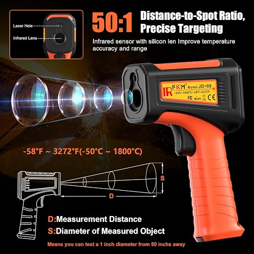 50:1-58°F ~3272°F FKM Infrared Thermometer High Temperature Gun, Non Contact - Image 3