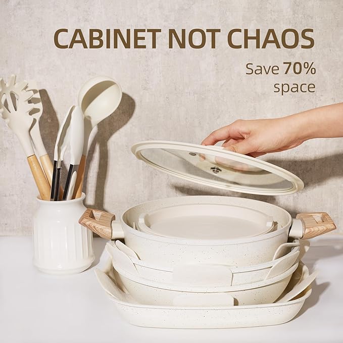 BECIGAR 23PCS Ceramic Pots and Pans Set, Removable Handle Pots and Pans Set - Image 3