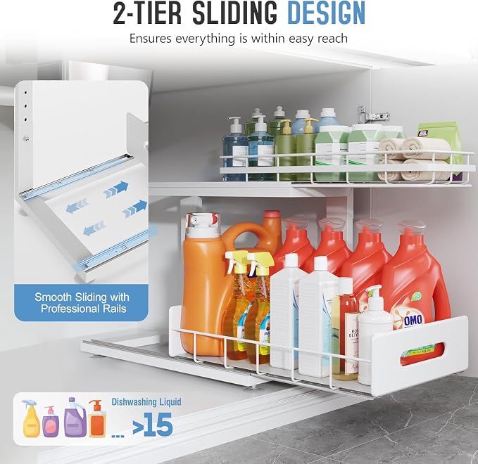 Under Sink Organizer Upgrade To Professional Rails, 2-Tier Dual Pull Out - Image 5