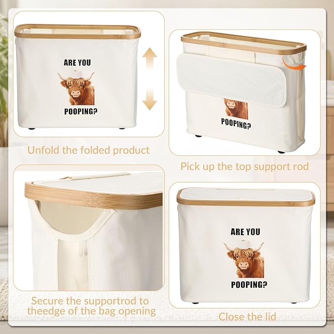 Toilet Paper Basket with Lid & Bamboo Handle, Highland Cow are You Pooping - Image 4