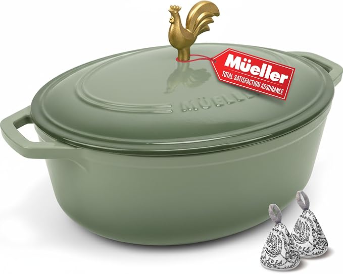 MUELLER HOME 5.5 Quart Enameled Cast Iron Oval Dutch Oven w Rooster Knob & by MUELLERHOME