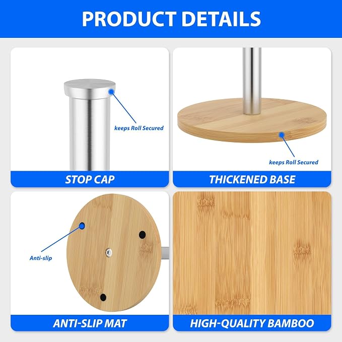 Wooden Paper Towel Holder Countertop, Non-Slip Base, Stainless Steel, - Image 3