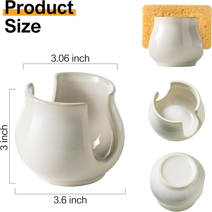 Zoeeker Sponge Holder for Kitchen Sink Counter, Ceramic Dish Sponge Caddy White - Image 4
