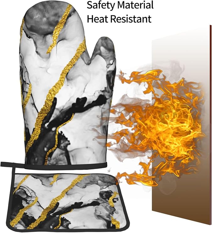 Black White Marble with Gold Stripes Oven Mitts and Pot Holders Set of 3 - Image 7