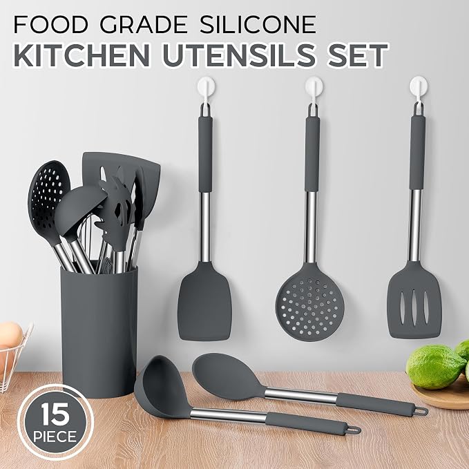 Onader Kitchen Cooking Utensils Set of 15, Silicone and Stainless Steel - Image 3