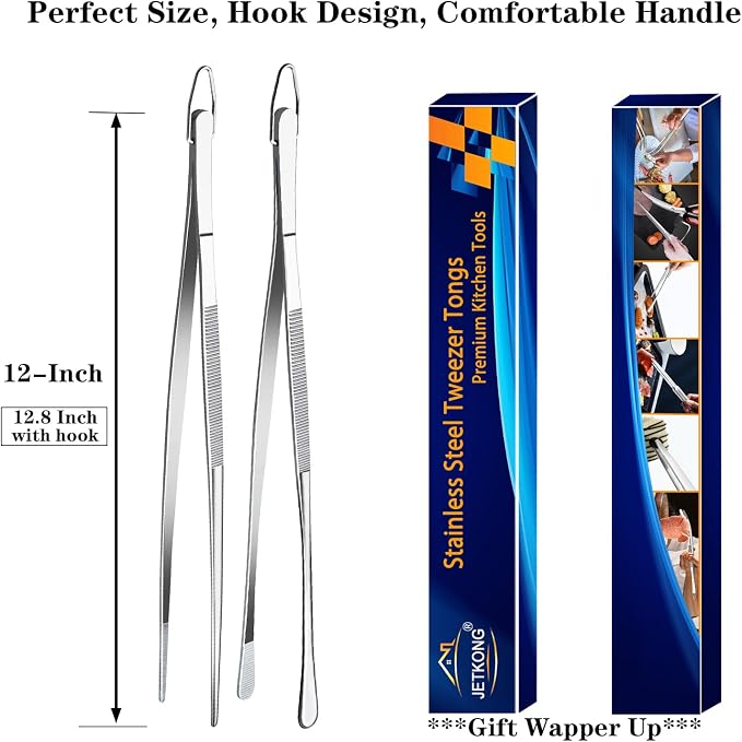 JETKONG 2 Pcs 12-Inch Kitchen Tweezers Fine Tweezer Tongs, Extra-Long Stainless - Image 7