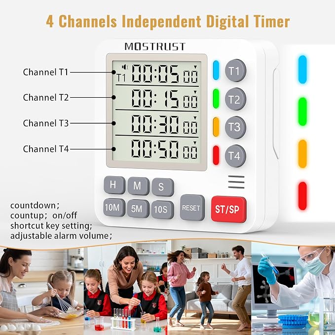Digital Dual Kitchen Timer, 4 Channels Independent Countdown Timer, Large - Image 2