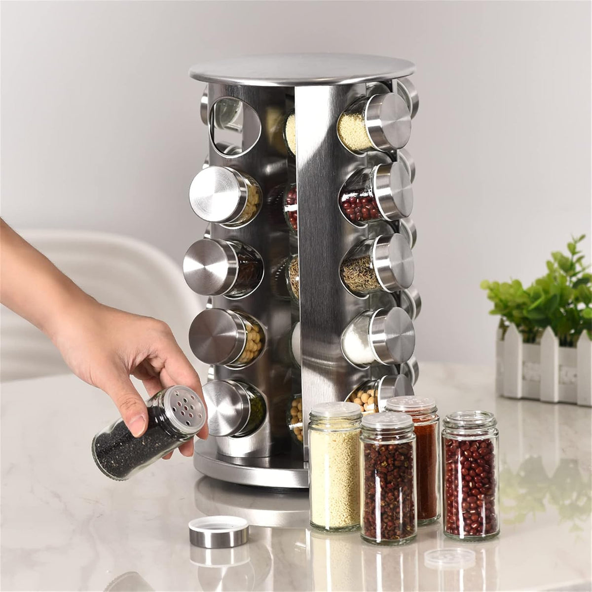 EBIZ&TECH 20-Jar Stainless Steel Rotating Spice Rack with Non-Slip