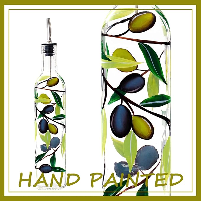 17oz Hand Painted Glass Olive Oil Bottle Dispenser- 500ml Green Oil & Vinegar - Image 2