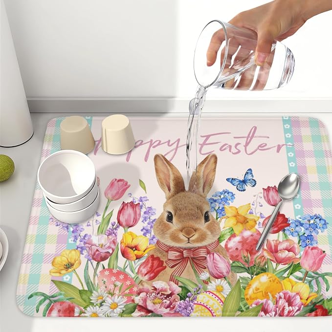 Easter Bunny Dish Drying Mat for Kitchen Counter Happy Easter Rabbit Floral - Image 6