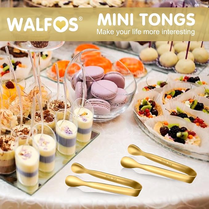 Walfos Small Gold Tongs For Serving, Food Grade Stainless Steel 4" Mini Tongs - Image 4