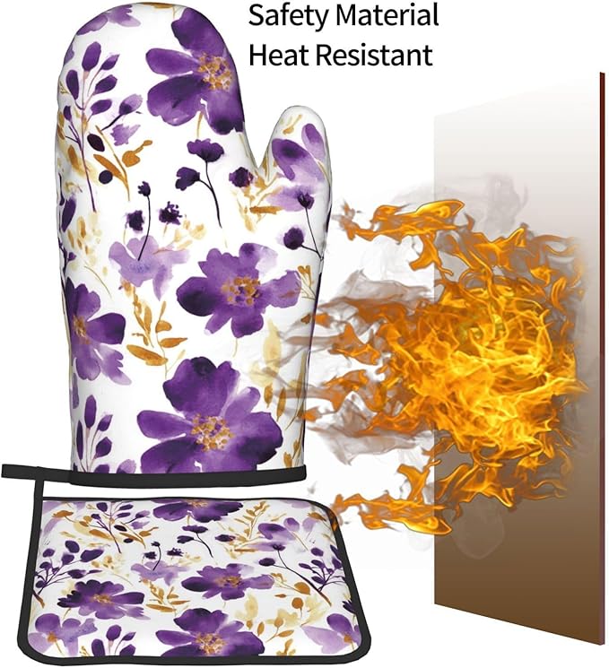 Spring Purple and Gold Floral Oven Mitts and Pot Holders Sets of 3, Non-Slip - Image 7