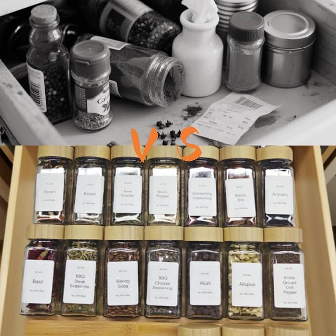 Spice Drawer Organizer with 28 Bamboo-lidded Spice Jars and 216 Labels - Image 8