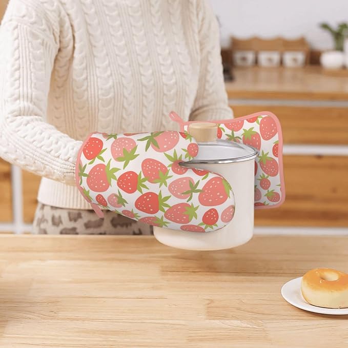 Strawberry Silicone Oven Mitts Pan Mats Set of 2, Heat Resistant Gloves - Image 7
