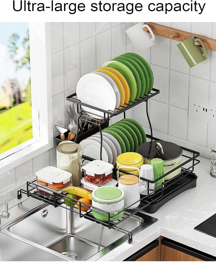 Over The Sink Large 2 Tier Dish Drying Rack Expandable, Dish Drainers - Image 8