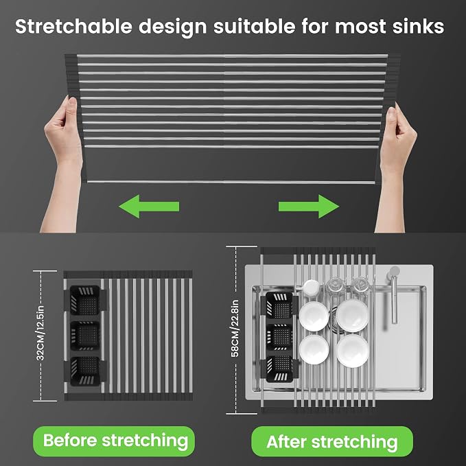Black Expandable Roll Up Dish Drying Rack Up to 22.8''with 2 Storage Baskets - Image 3