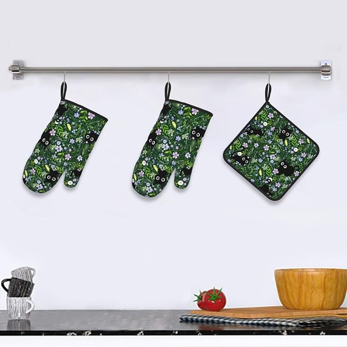 Spring Funny Black Cat Hot Pads and Oven Mitts Heat Resistant, Cute Cat Lover & - Image 6