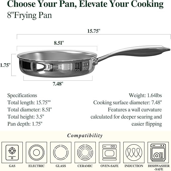 Umite Chef 5 Ply Stainless Steel Frying Pan 8 inch, Non Toxic Professional - Image 2