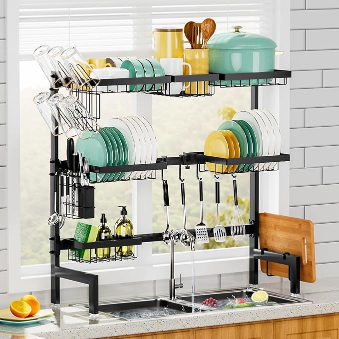 Over The Sink Dish Drying Rack, Expandable Length 3-Tier Large Stainless Steel by HOWDIA