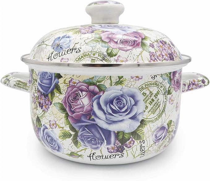 Enamel Stockpot with Lid, 2.5 Quart Retro Cooking Pot, Vintage Floral Stew Bean by OLYTARU