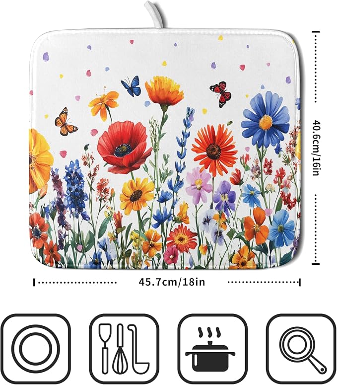 Watercolor Flower Dish Drying Mat 16x18 Inch Floral Butterfly Dish Drainer - Image 2