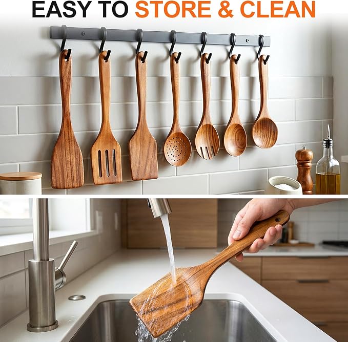 7 Pcs Acacia Wood Cooking Utensils Set Large Wooden Spoons - Image 5