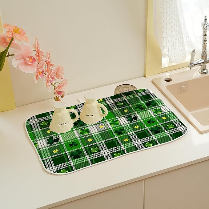 St Patricks Day Dish Drying Mat 18x24 Inch Green Lucky Shamrock Buffalo Plaid - Image 6