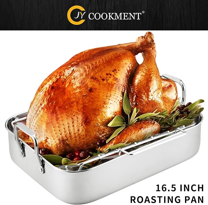 JY COOKMENT Roasting Pan with Baking Rack, 16.5 Inch Stainless Steel Turkey - Image 2