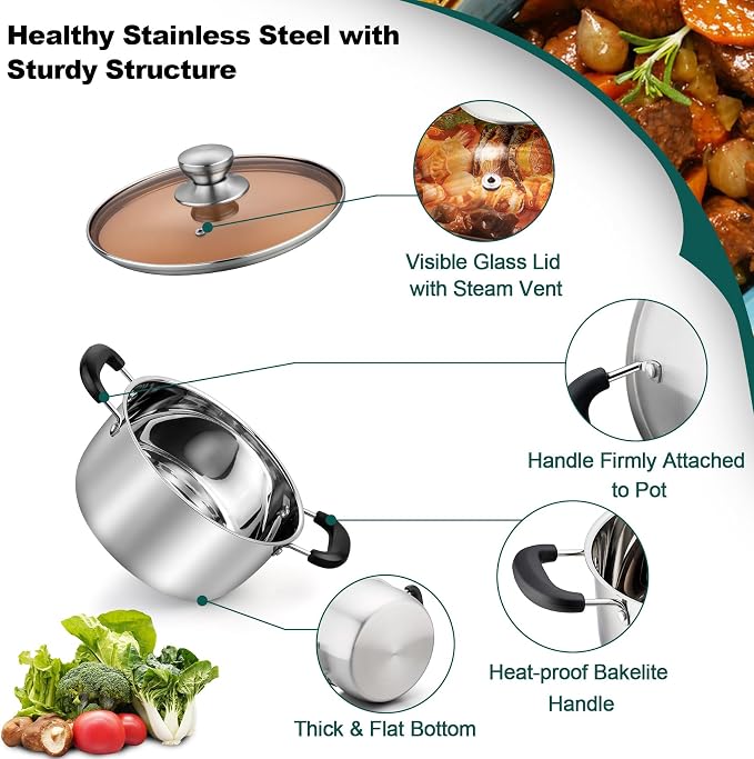 TeamFar 3 Quart Stock Pot, Stainless Steel Stock Pasta Soup Pot - Image 3