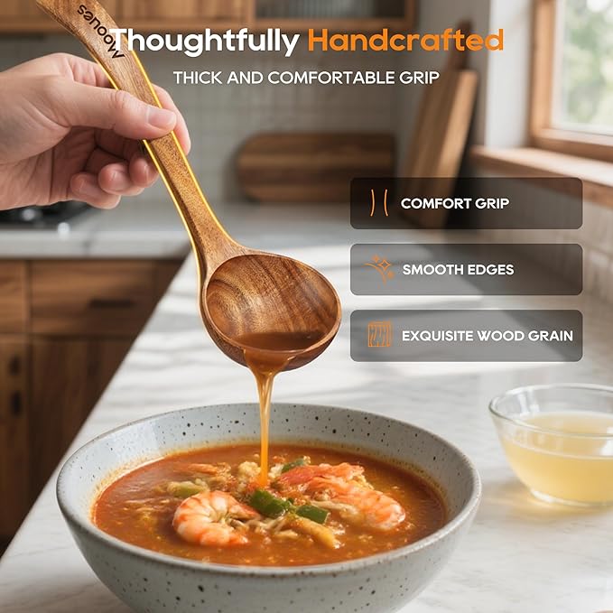 Wooden Ladle for Soup, 3 Size Teak Wood Ladle Spoon - Image 2