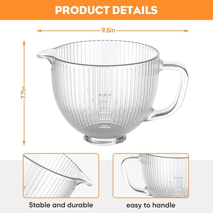Cofun Glass Mixer Bowl for Kitchenaid Tilt-Head Stand Mixers 4.5-5 Quart - Image 4
