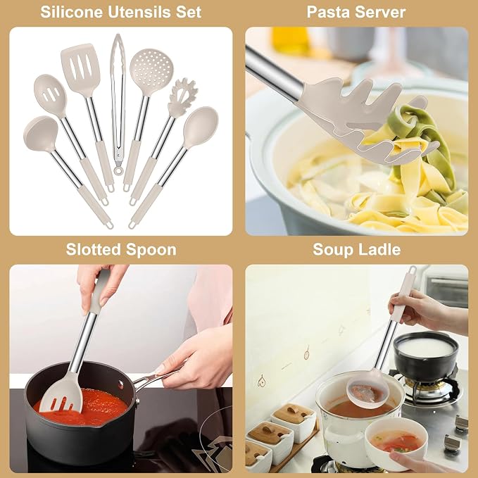 E-far Silicone Cooking Utensils Set, Slotted Turner, Soup Ladle, Pasta Server - Image 3