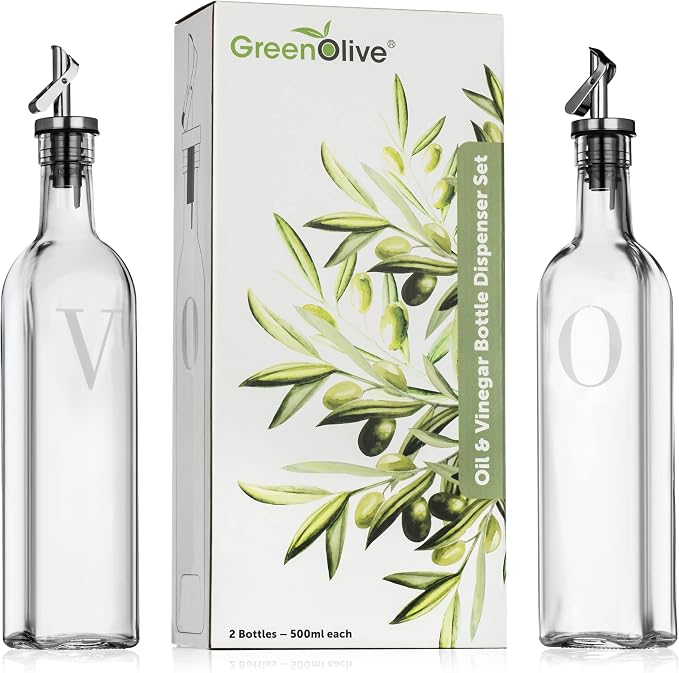 GREENOLIVE Olive Oil and Vinegar Dispenser Set - 17 oz. Glass Bottles - Stylish - Image 7