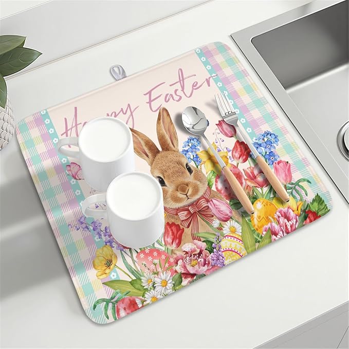 Easter Bunny Dish Drying Mat for Kitchen Counter Happy Easter Rabbit Floral - Image 8