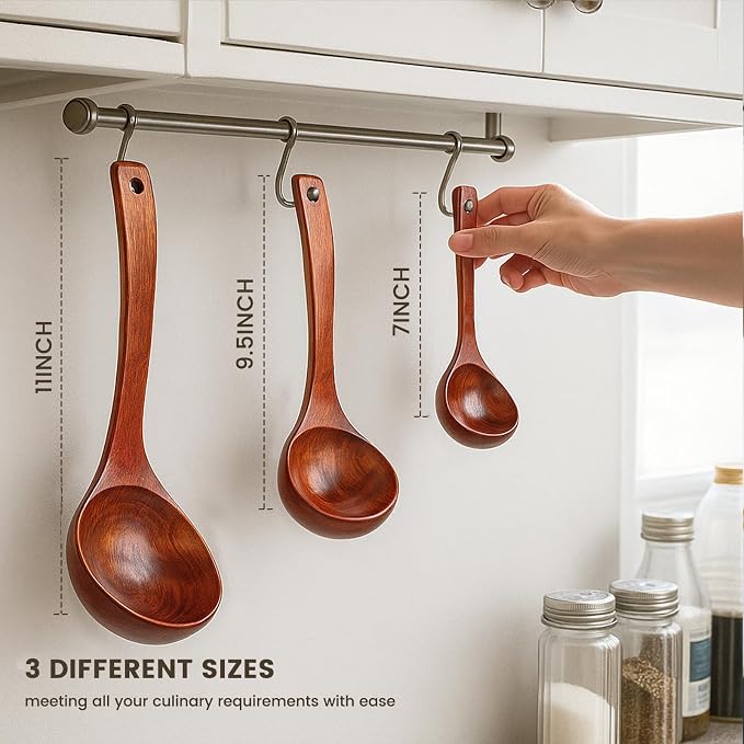 HANSGO Wooden Ladle for Soup, 3 Size Wooden Spoons for Deep Pot & Bowl - Image 2