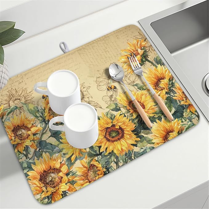 Sunflower Dish Drying Mat for Kitchen Counter Vintage Yellow Sunflowers - Image 8