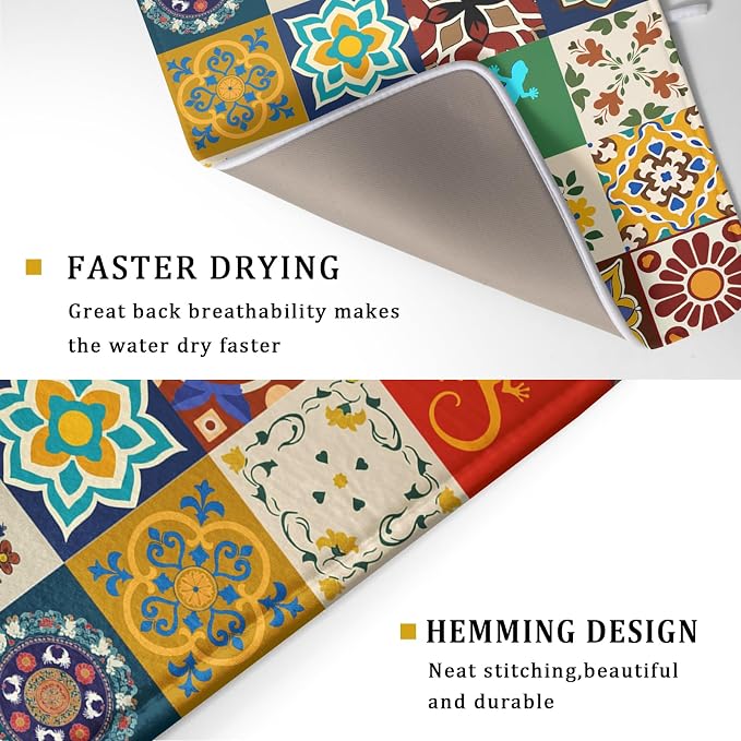 Giwawa Mexican Tile Dish Drying Mat 18"x24" Talavera Boho Floral Print Dish - Image 3