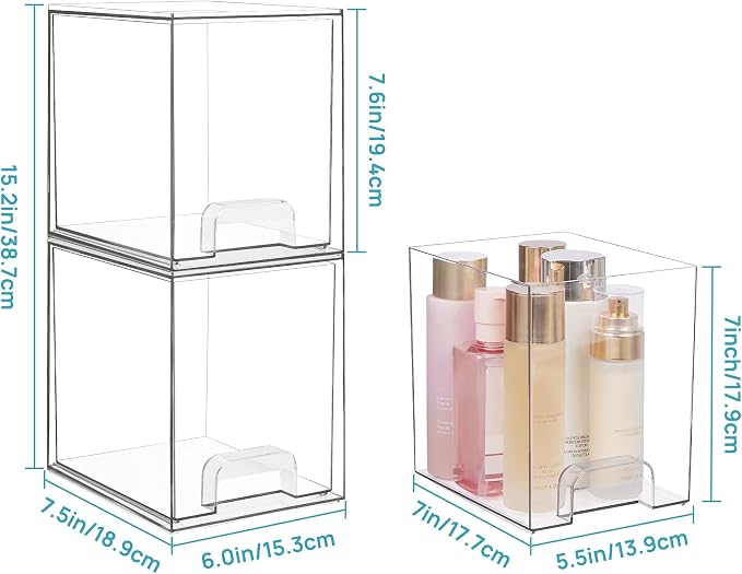 Vtopmart 7.6" H Clear Stackable Storage Drawers, 2 Pack Plastic Organizers Bins - Image 2