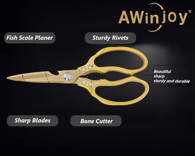 AWinjoy Japanese Gold Kitchen Scissors, Heavy Duty Stainless Steel, Dishwasher - Image 3