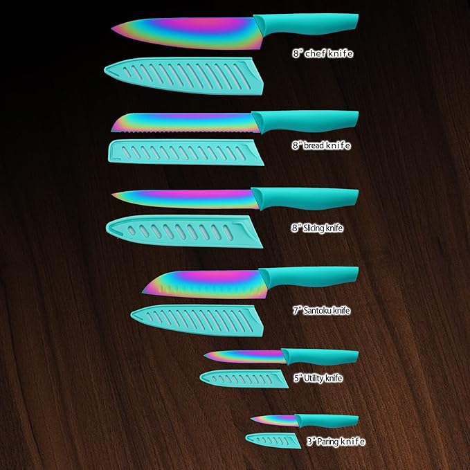 Marco Almond Kitchen Knife Set, KYA37 12-Piece Rainbow Titanium Stainless Steel - Image 2