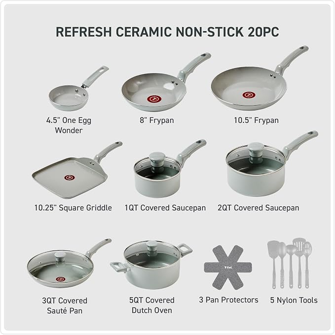T-Fal Refresh Ceramic Pots and Pans Set, 20-Piece Nonstick Cookware Set - Image 2