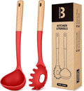 Pasta Fork and Ladle Set, and Sauce Pasta, BPA-Free Matte Silicone, Wood Handle by BADIANO