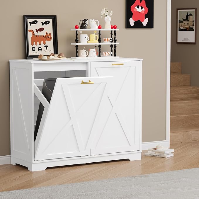 Double Tilt Out Trash Can Cabinet, Wooden Farmhouse Kitchen Garbage Bin - Image 8