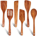 6 Pcs Best Flat Wood Spatula Set Teak Wooden Spoon by Ayiaren